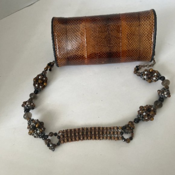 GOOD CONDITION Vintage Brown Snake Skin Jeweled Shoulder Bag - Picture 3 of 4